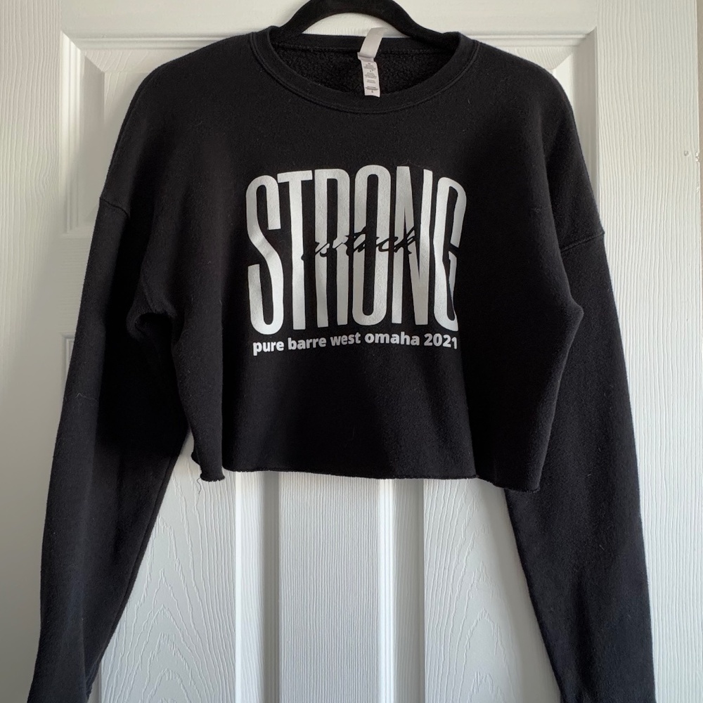 Pure Barre Cropped Crewneck Sweatshirt Black Strong As Tuck Raw Hem Bella Canvas